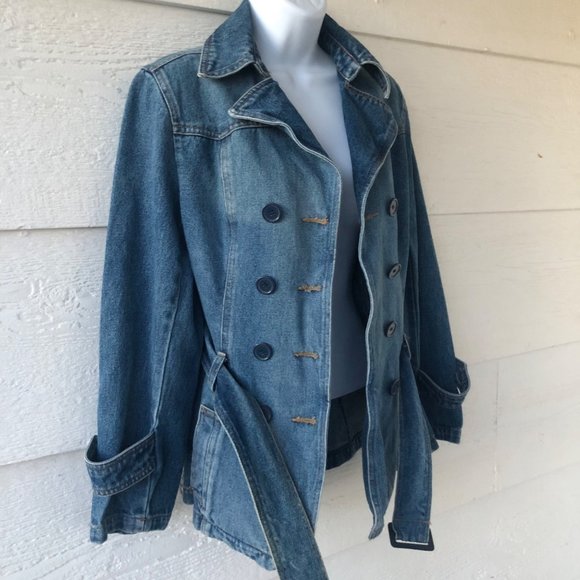 Rampage Size Med Vintage Double Breasted Belted Blue Denim Jacket with Pockets - Picture 9 of 16